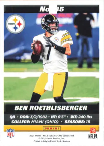 Ben Roethlisberger 2021 Panini Stickers Cards #35 Pittsburgh Steelers NFL collectible