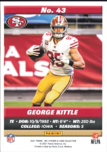 George Kittle football card from 2021 Panini Stickers Cards #43 San Francisco 49ers