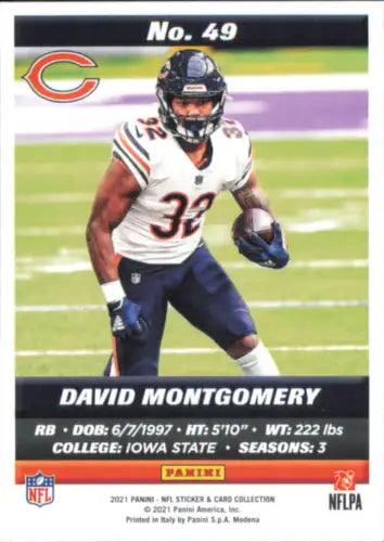 David Montgomery Chicago Bears Panini Stickers Card #49 NFL Football collectible