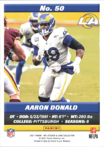 Aaron Donald 2021 Panini Stickers Card #50 Los Angeles Rams NFL Football Collectible