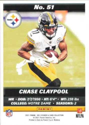 Chase Claypool 2021 Panini Stickers Cards #51 Pittsburgh Steelers Football Card