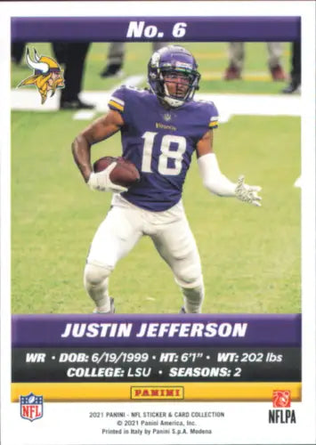 Justin Jefferson Minnesota Vikings 2021 Panini Stickers Cards #6 Football Card