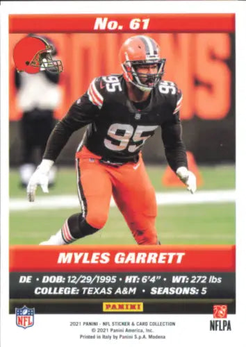 Myles Garrett Cleveland Browns football card from 2021 Panini Stickers Cards collection