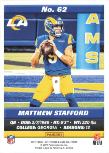 Matthew Stafford 2021 Panini Stickers Cards #62 Los Angeles Rams Football collectible