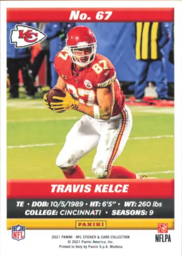 Travis Kelce football card from 2021 Panini Stickers Cards featuring Kansas City Chiefs