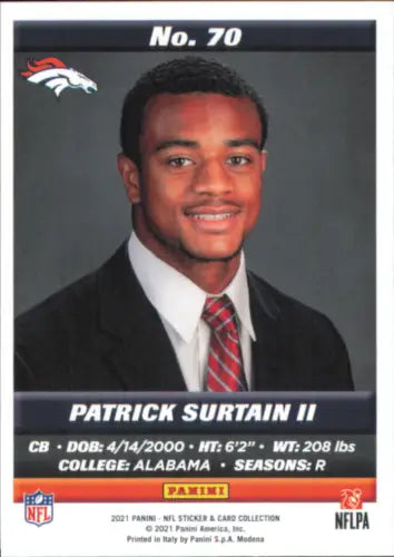 Patrick Surtain II Rookie card from 2021 Panini Stickers Cards NM-MT Denver Broncos