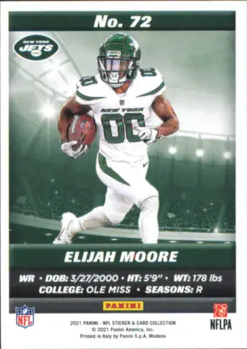 Elijah Moore football card from 2021 Panini Stickers Cards #72 for New York Jets fans