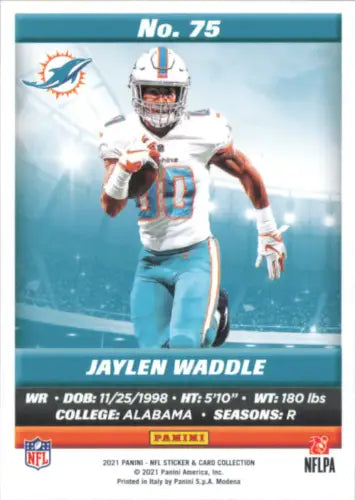 Jaylen Waddle football card from 2021 Panini Stickers Cards #75 Miami Dolphins NFL