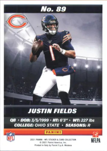 Justin Fields 2021 Panini Stickers card #89 Chicago Bears Rookie collectible