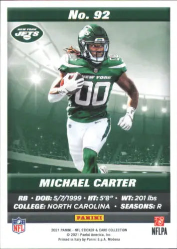 Michael Carter 2021 Panini Stickers Cards #92 Rookie New York Jets NFL collectible