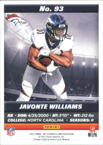 Javonte Williams football card from 2021 Panini Stickers Cards #93, Denver Broncos