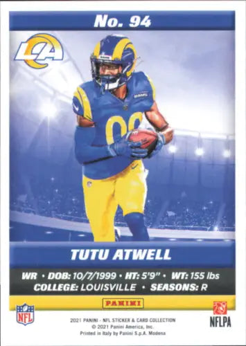 Tutu Atwell football card from 2021 Panini Stickers, Los Angeles Rams rookie edition