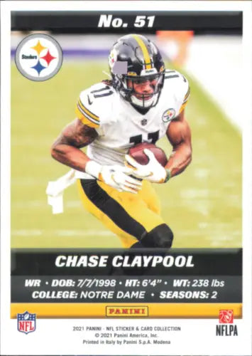 Chase Claypool football card from 2021 Panini Stickers Cards Silver for Pittsburgh Steelers