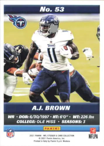 A.J. Brown 2021 Panini Stickers Cards Silver #53 Tennessee Titans Football Card