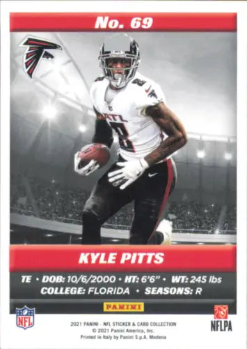 NFL trading card of Kyle Pitts in a white jersey from 2021 Panini Stickers Cards Silver