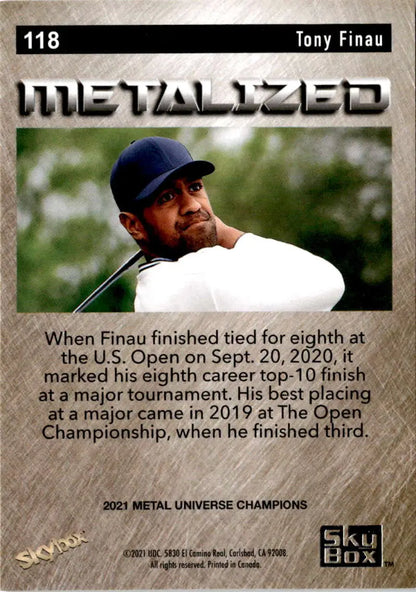 Tony Finau mid-swing in 2021 Skybox Metal Universe Champions Golf Card