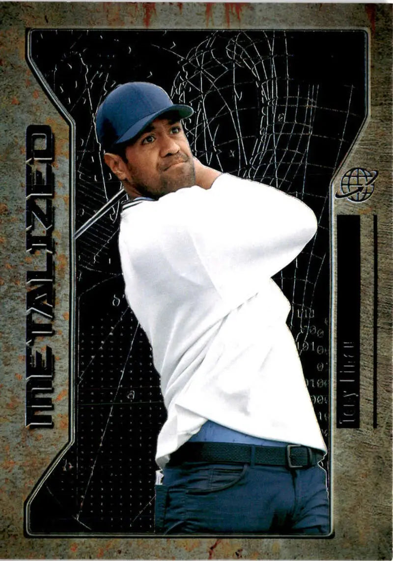 Tony Finau mid-swing in white shirt and blue cap on 2021 Skybox Metal Universe Champions golf card