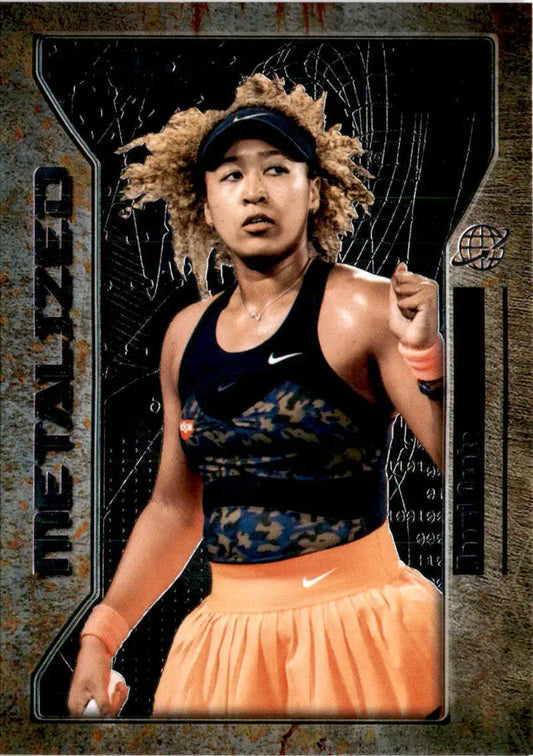 Naomi Osaka in black tank top and orange skirt on 2021 Metalized RC Tennis Card