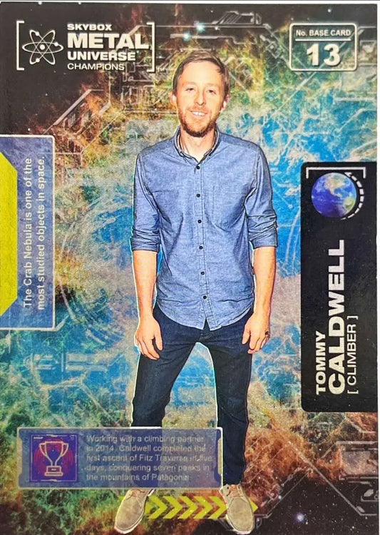 Tommy Caldwell in blue shirt on 2021 Skybox Metal Universe Rock Climbing card