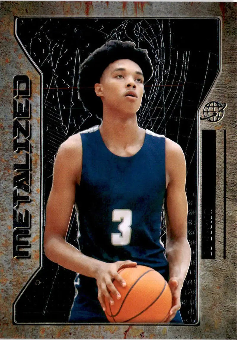 Basketball player in navy jersey 3 holding basketball from Metal Universe Champions card