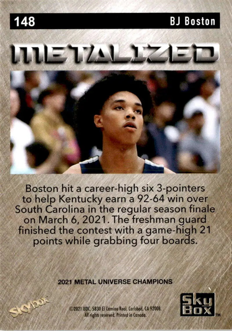 Basketball trading card featuring Metal Universe Champions design and game statistics