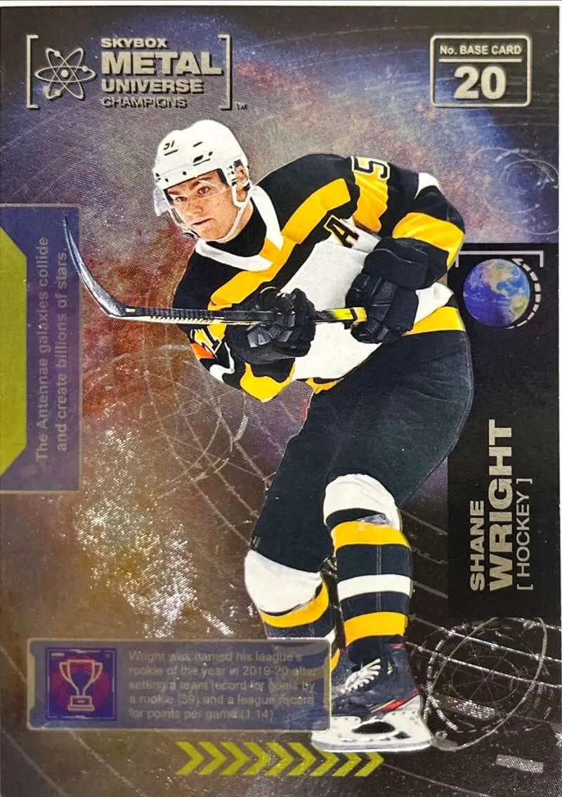 Hockey player Shane Wright in black and yellow uniform on Skybox Metal Universe card