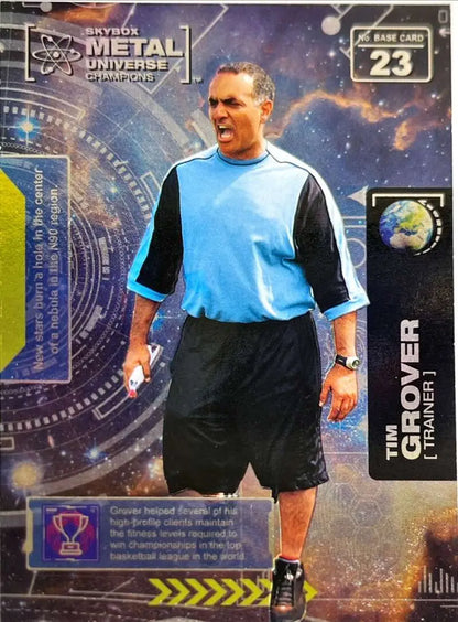 Trading card of Tim Grover Trainor in light blue shirt and black shorts