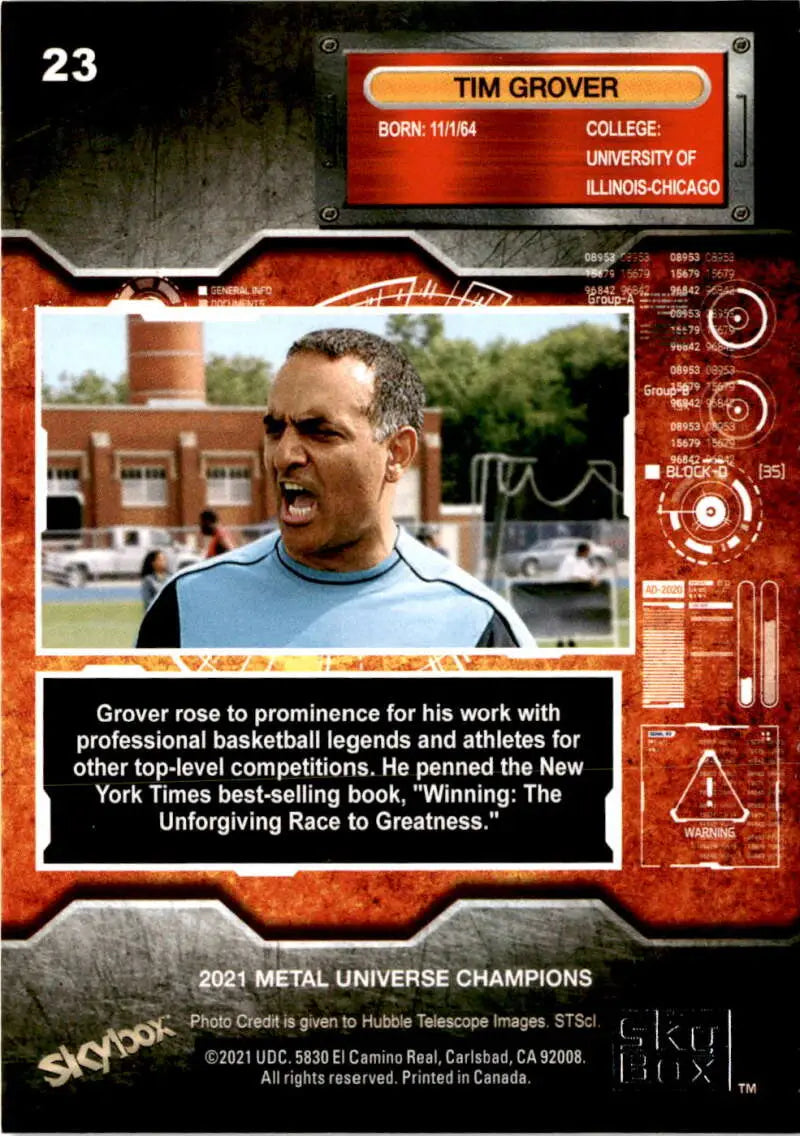 Trading card from 2021 Metal Universe Champions of Tim Grover Trainor in blue shirt