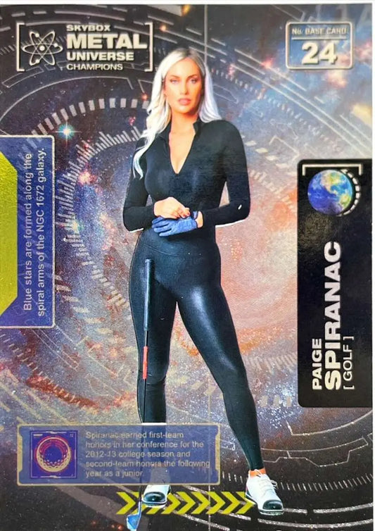 Trading card of Paige Spiranac in a fitted black jumpsuit from Skybox Metal Universe