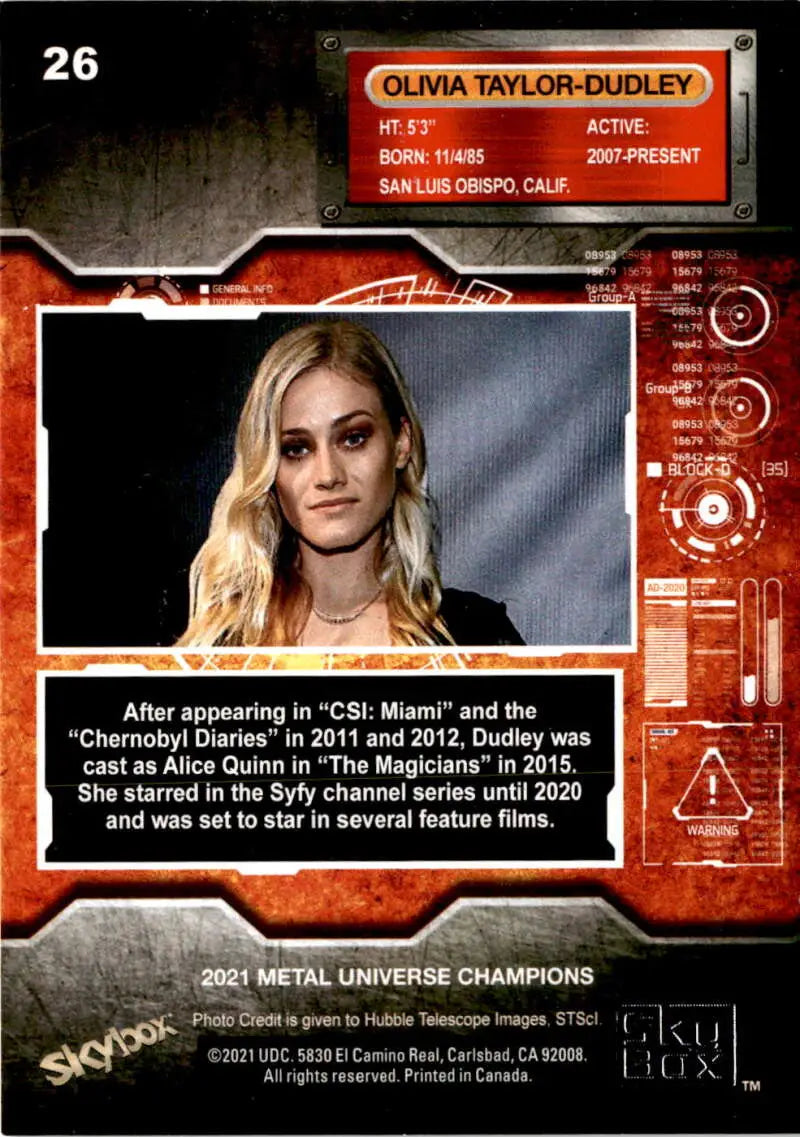 Trading card featuring Olivia Taylor-Dudley from Skybox Metal Universe Champions