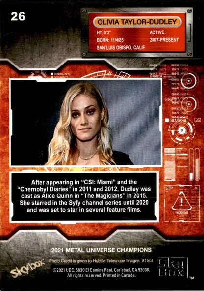 Trading card featuring Olivia Taylor-Dudley from Skybox Metal Universe Champions