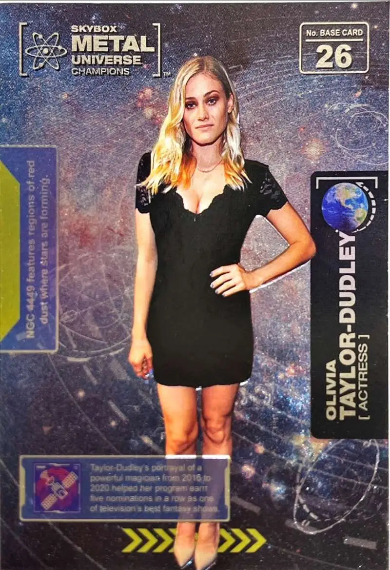 Trading card of Olivia Taylor-Dudley in a black mini dress from Skybox Metal Universe