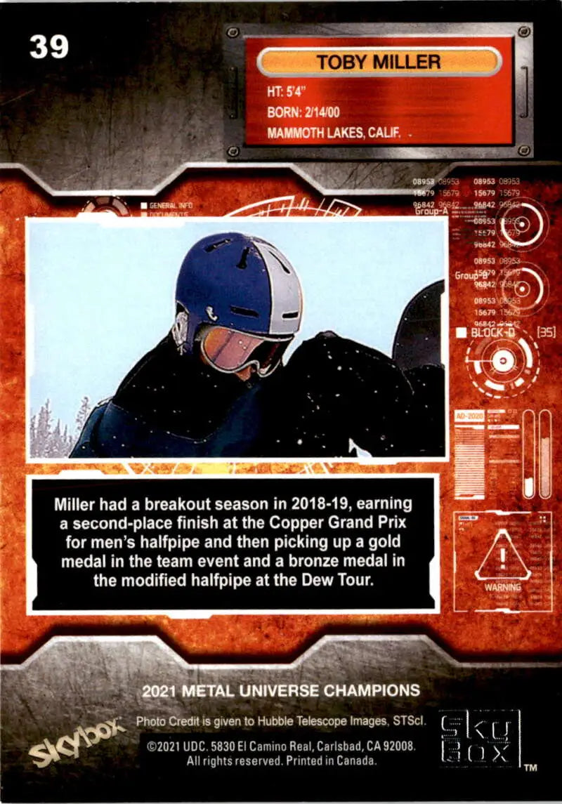 Sports trading card of Toby Miller in blue helmet from Skybox Metal Universe Champions