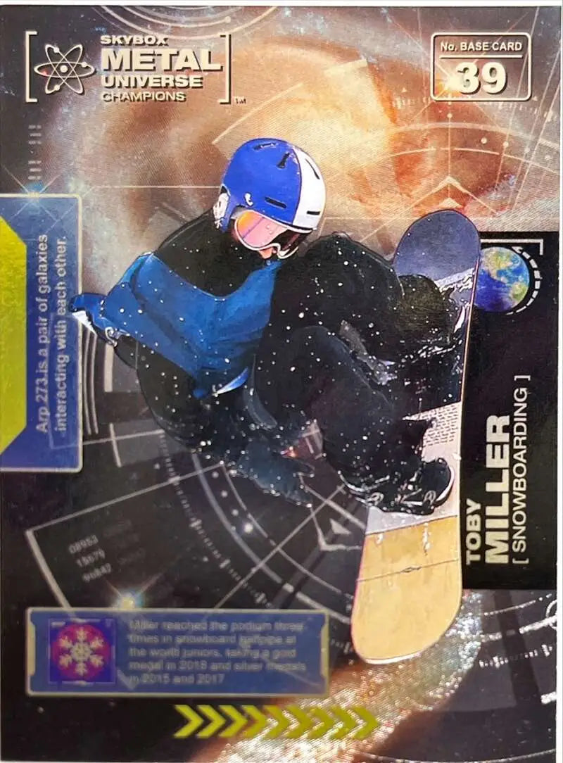 Snowboarder Toby Miller in a blue jacket jumping on Skybox Metal Universe card