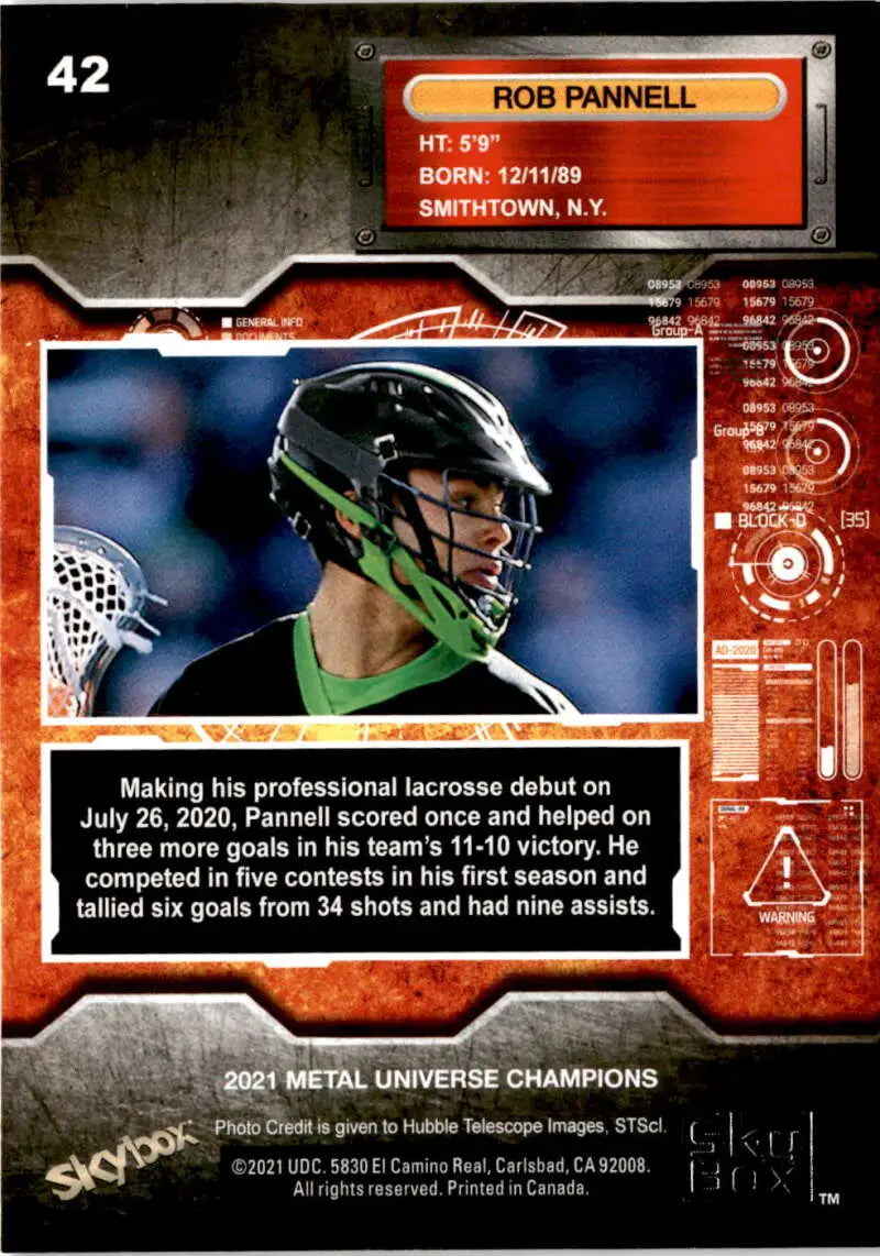 Lacrosse player in black helmet with green accents on 2021 Skybox Metal Universe card