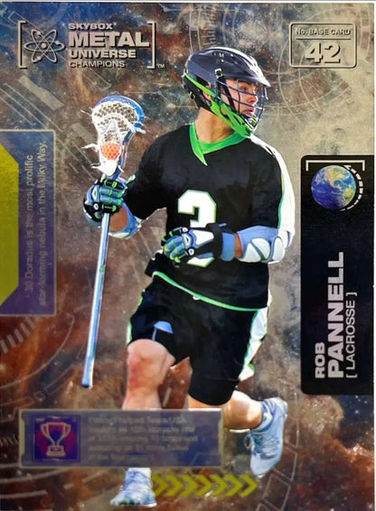 Lacrosse player in black and green uniform holding stick, featured on Rob Pannell Skybox Metal Universe card