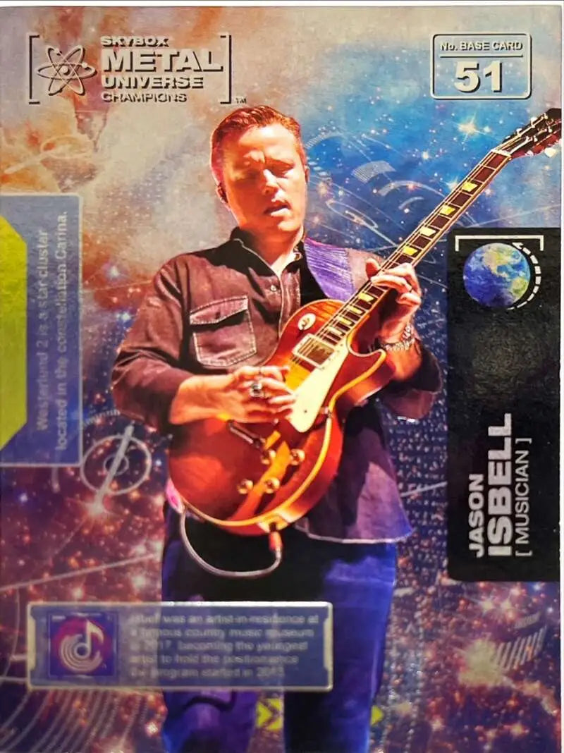 Guitarist playing Les Paul against cosmic backdrop in Jason Isbell Metal Universe Champions card