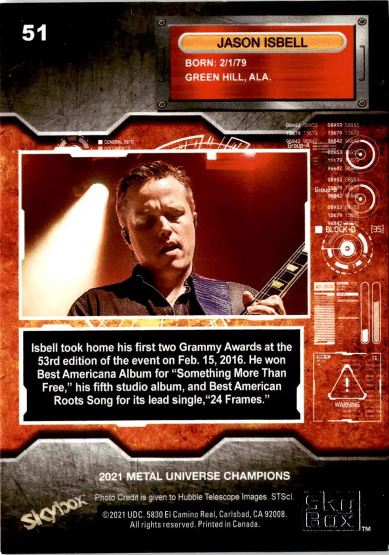 Trading card of Jason Isbell performing with electric guitar in Metal Universe Champions design