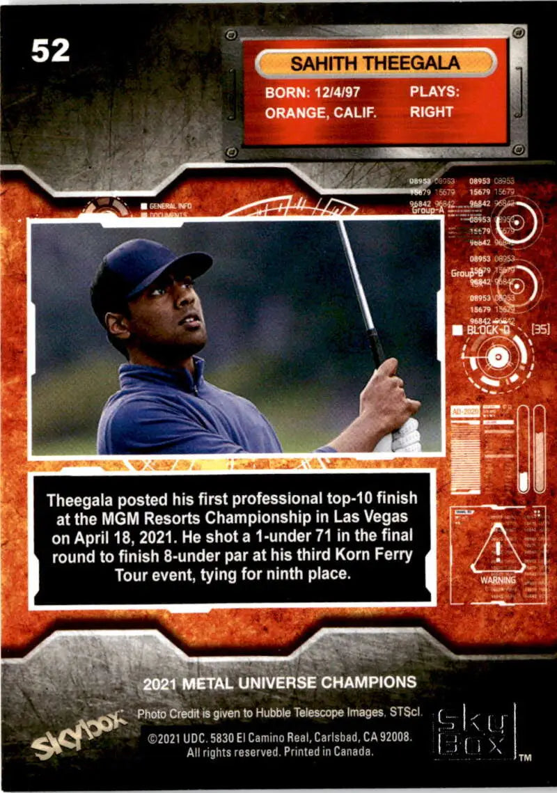 Baseball trading card of Sahith Theegala in navy uniform with golf club from Skybox Metal Universe