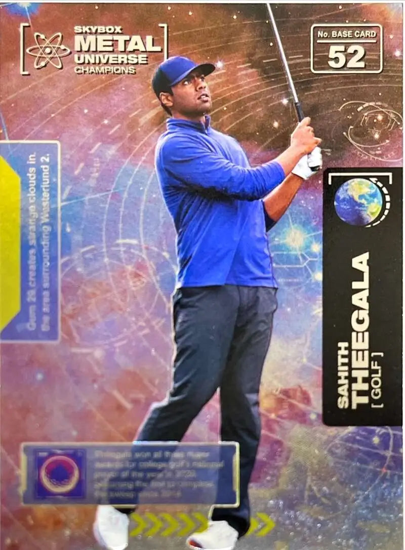 Metallic Skybox Metal Universe Champions card of Sahith Theegala mid-swing