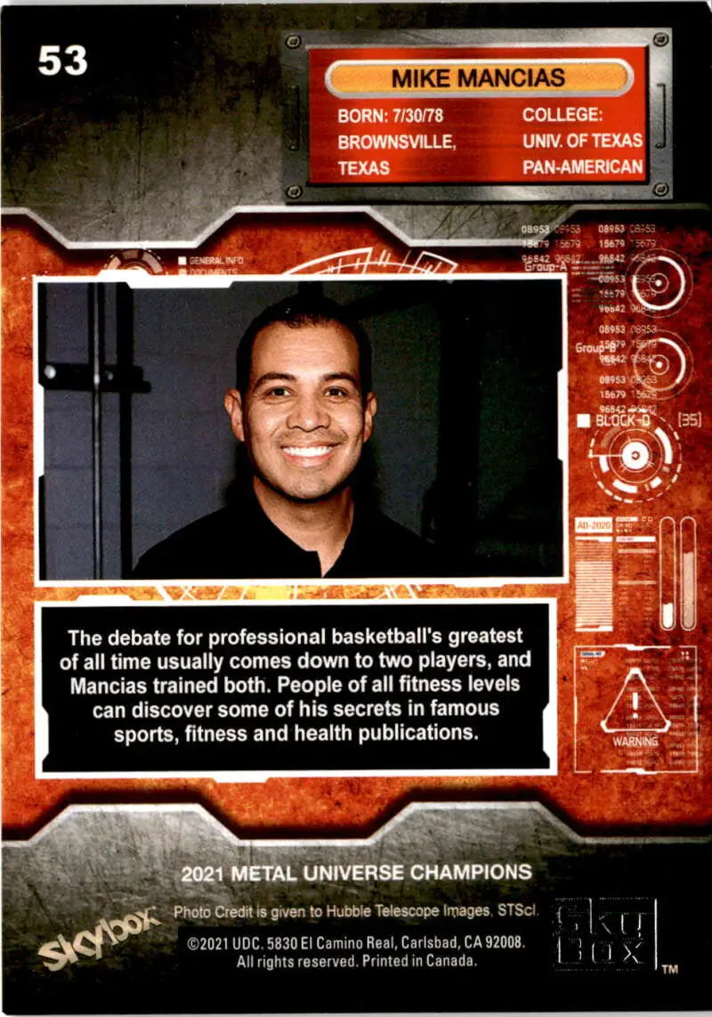 Mike Mancias smiles on the 2021 Skybox Metal Universe Champions trading card