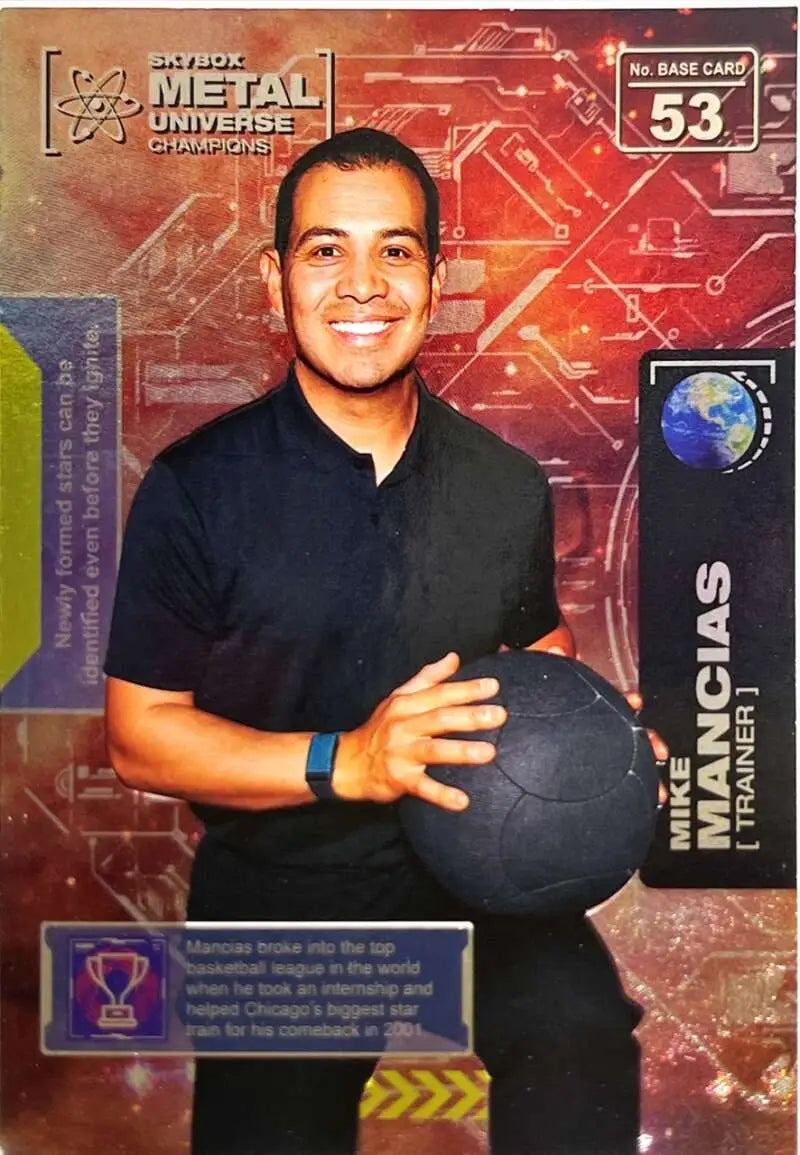 Smiling person in black polo with ball and Mike Mancias Skybox Metal Universe Champions card