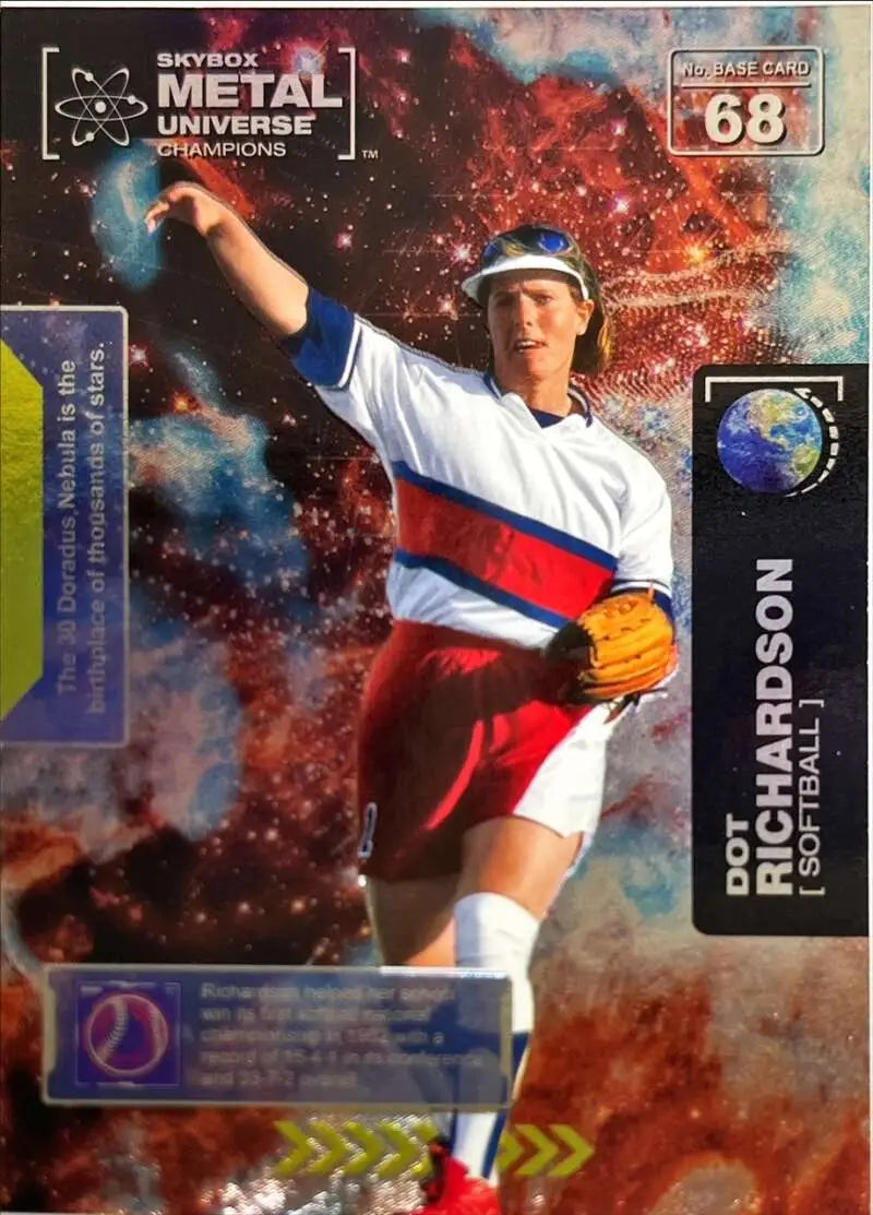 Dot Richardson in white and red uniform pitching against a cosmic background