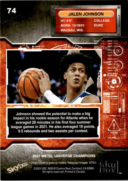 Basketball trading card showcasing Jalen Johnson from Skybox Metal Universe Champions