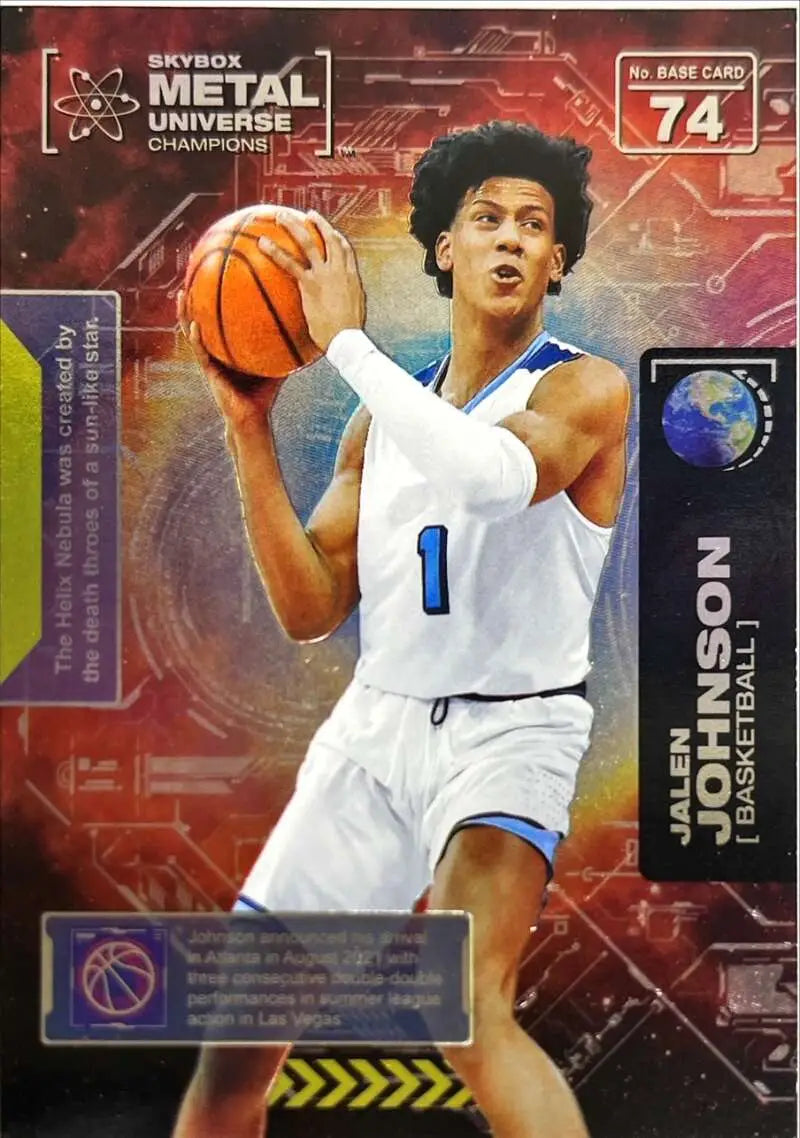 Jalen Johnson in white #1 jersey with basketball on 2021 Skybox Metal Universe card