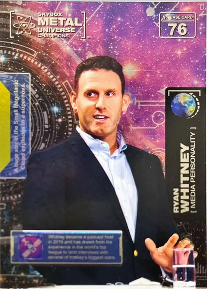 Ryan Whitney in dark suit on Skybox Metal Universe Champions card against purple cosmic backdrop