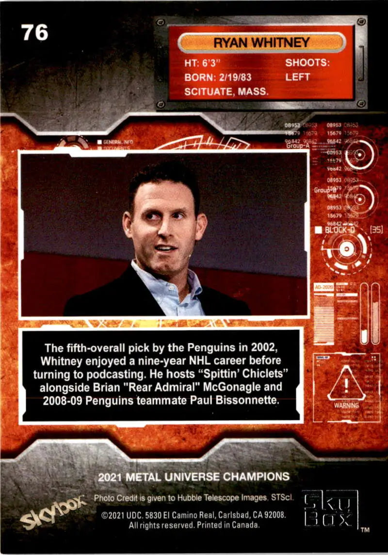 Hockey trading card of Ryan Whitney from Skybox Metal Universe Champions with stats and bio