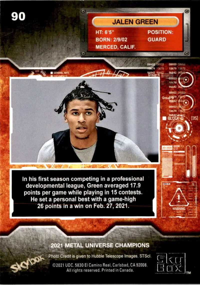 Jalen Green Basketball Card with Orange and Black Design from Skybox Metal Universe