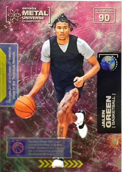 Basketball card featuring Jalen Green dribbling with a pink metallic background