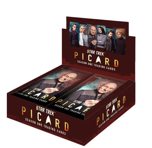 Box of Star Trek Picard Season 1 trading cards featuring 24 packs of collectible cards